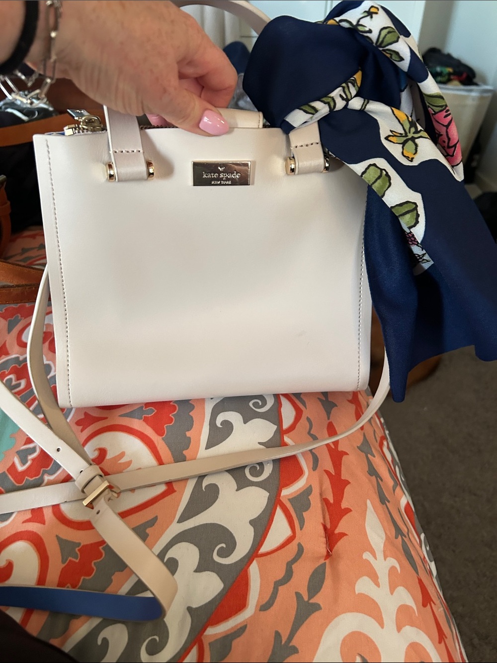 kate spade White Leather Satchel with Blue Floral Scarf